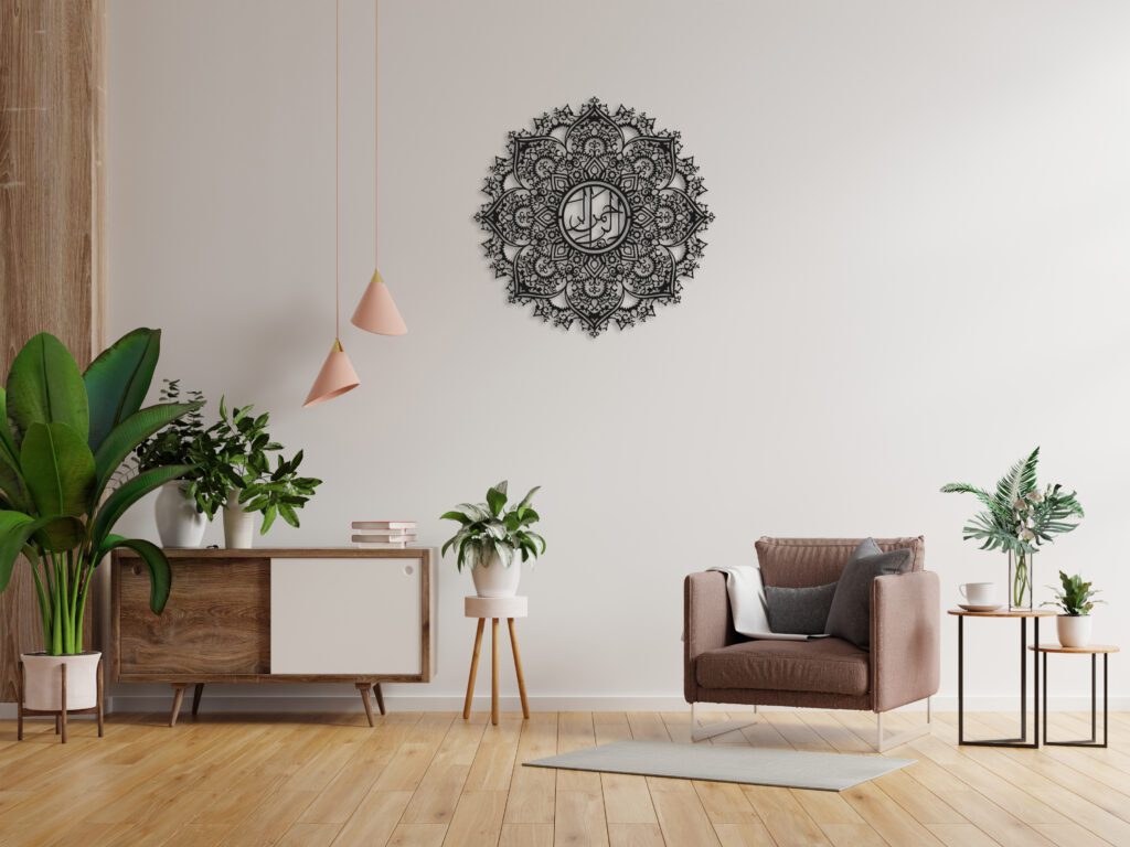 Modern minimalist interior with an armchair on empty white wall background.3D rendering