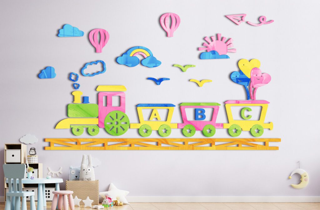 Mockup light purple color wall in the children's room On the wooden floor.3d rendering